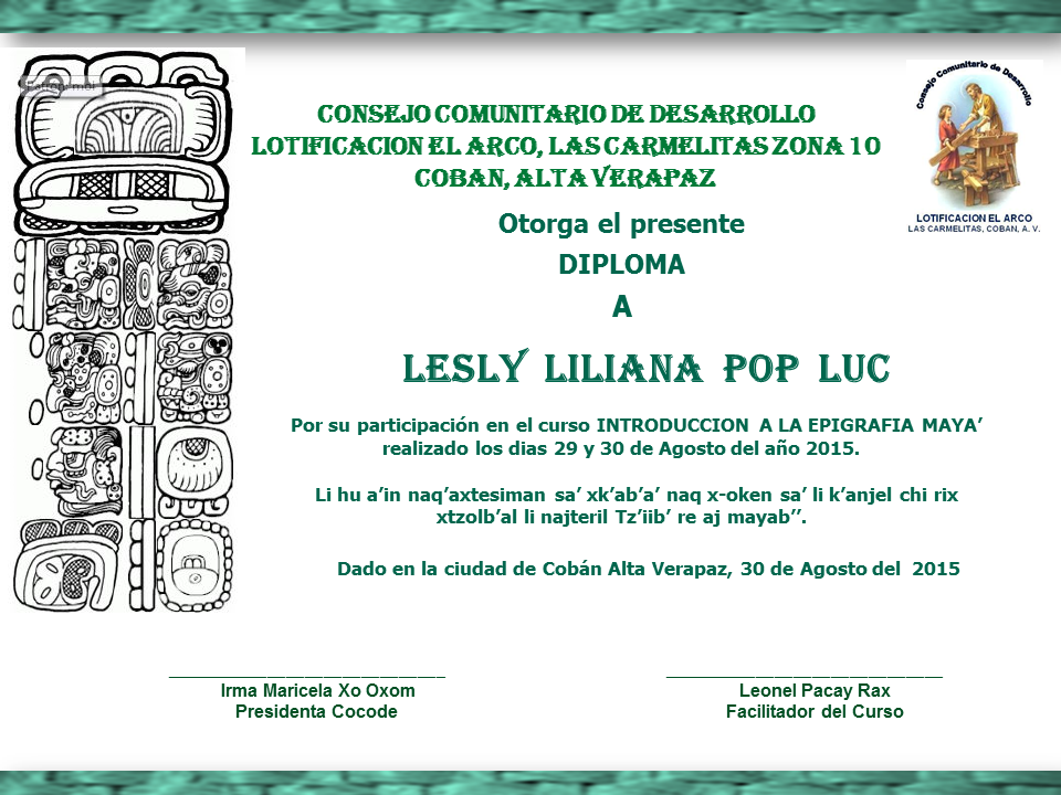 Bi-lingual diploma, Spanish-Qek’chi’.
