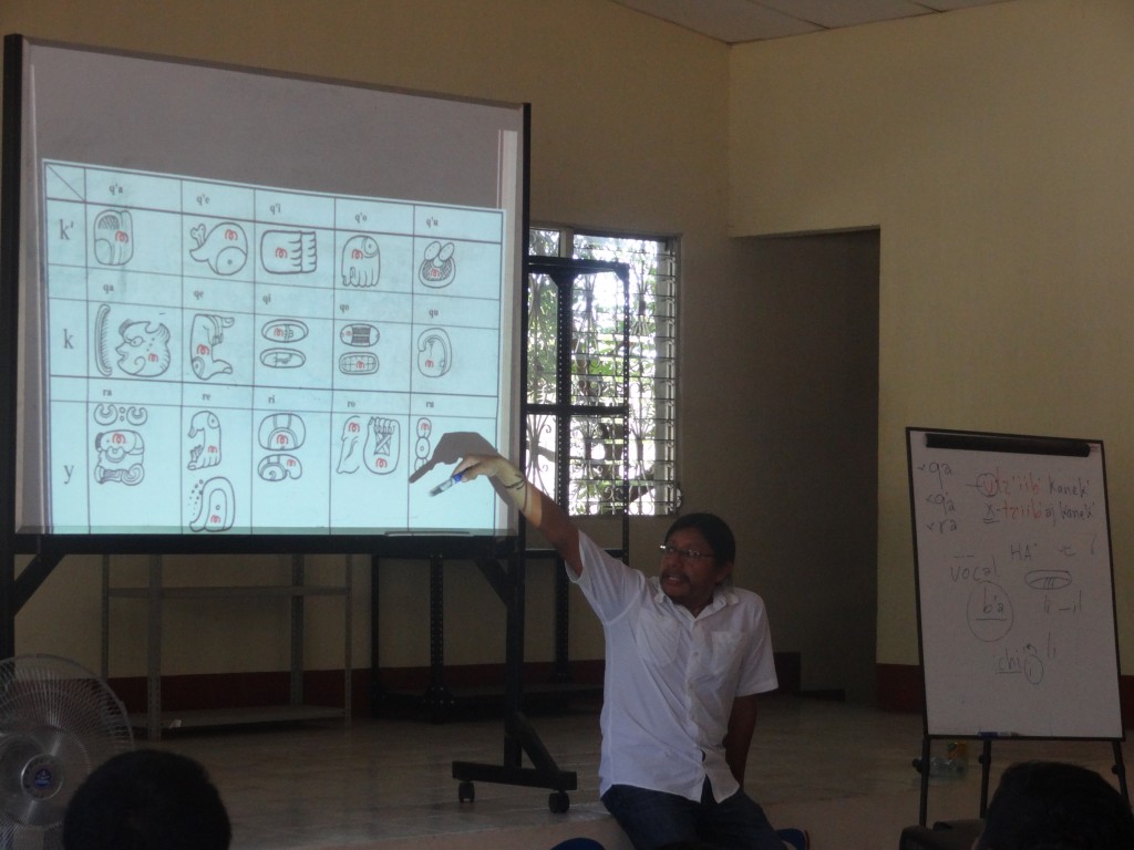 Hector Xol, Workshop Facilitator, explaining the sounds of the modern Maya languages.
